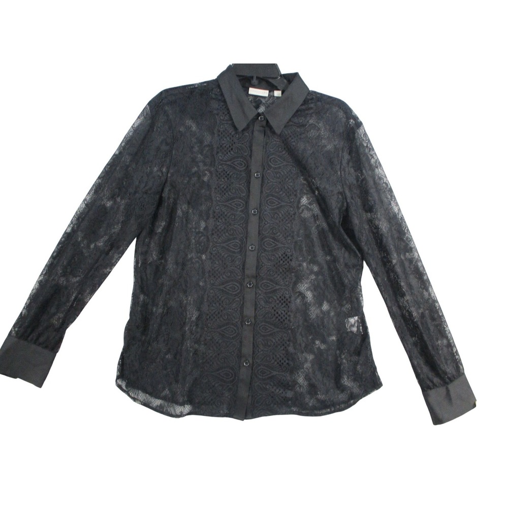 Eva Mendes Sheer New York & Company Black Lace Paisley Button Up Blouse XL Women